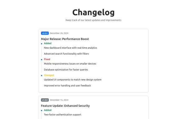 Changelog page template