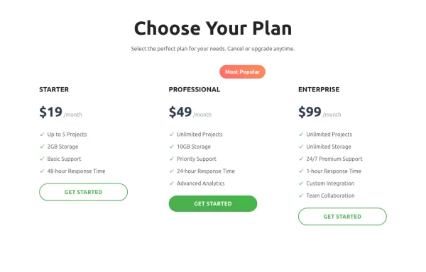minimal pricing cards example