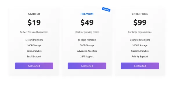 Pricing Cards with Hover Effects