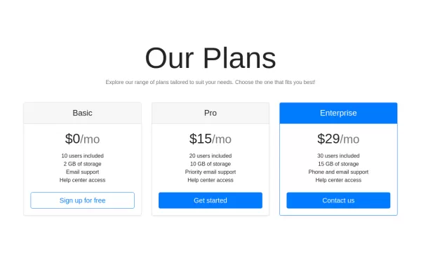 Simple pricing plan cards